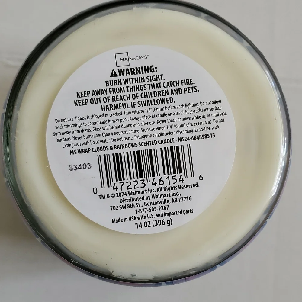 Mainstays Clouds & Rainbow Scented Candle with Blue and Purple Design